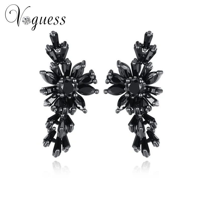 

VOGUESS Personalized Brand Retro Flower Designer Ear Stud Earrings for Women Black CZ Crystal Fashion Jewelry