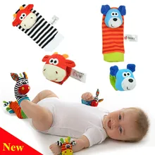 4 pcs/lot Cute Baby Infant Toy Soft Handbells Hand Wrist Strap Rattles/Animal Baby Socks Foot Finders Developmental Toys