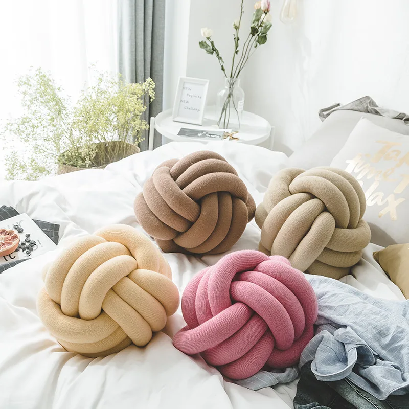 

Ins Handmade Knot Ball Pillow Personality Circular Car Pillow Nordic Simple Knit Round Sofa Pillow Cardigan Trim Cushions 30cm