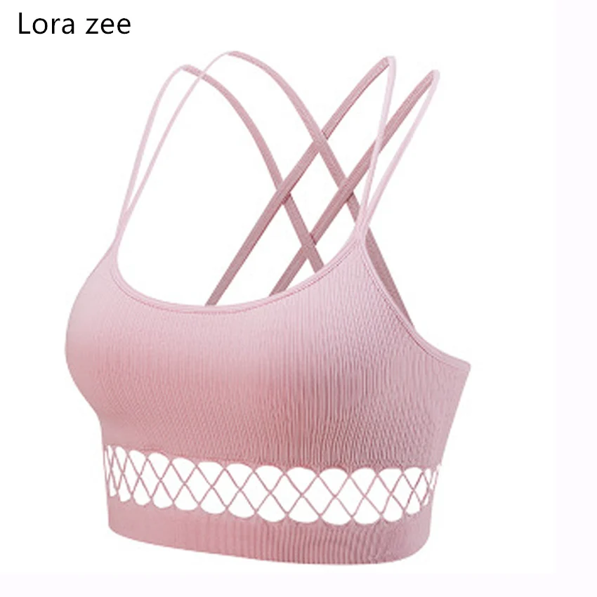 LORA ZEE Padded Pink Sports Bra Criss Cross Back High Impact Strappy ...