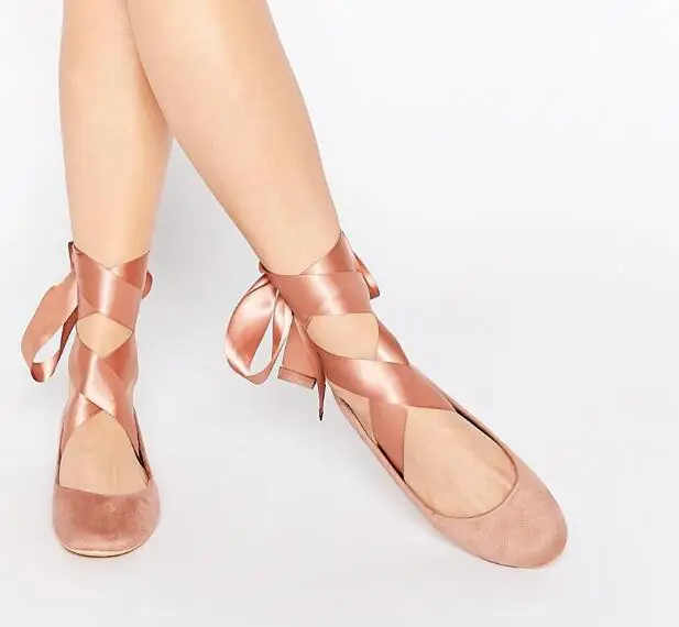 

2018 autumn women pink shoes cross-tied round toe ballet flats shoes lace up dancing shoes Comfortable ladies shoes newest