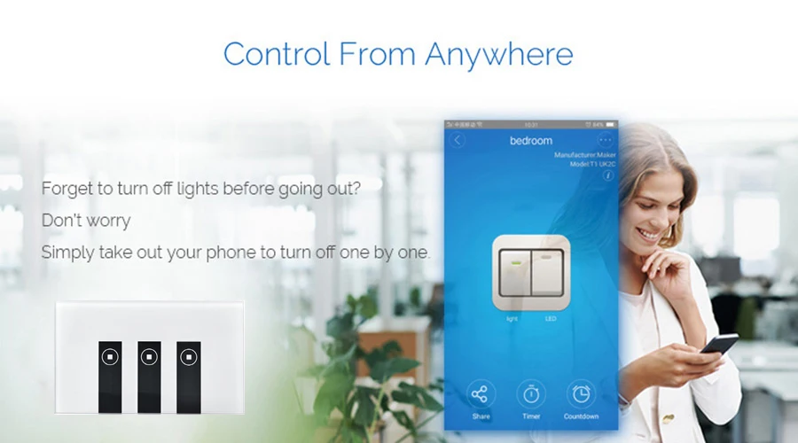 MAIFOM Wifi Remote Control Switch Glass Touch Panel Ewelink App Smart Switch US Standard App and Touch Control Light Switch (5)