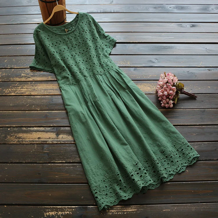 6294 новое летнее женское платье, японский стиль, литературное кружевное платье с коротким рукавом и круглым вырезом, хлопковое однотонное платье миди - Цвет: green