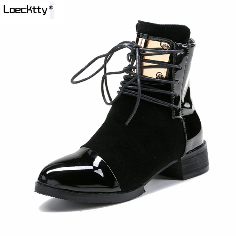 

35-43 Women Boots Genuine Leather Flat Riding Ankle Boots Womens Motorcycle Boots Autumn Shoes Women Winter Patent leather Botas