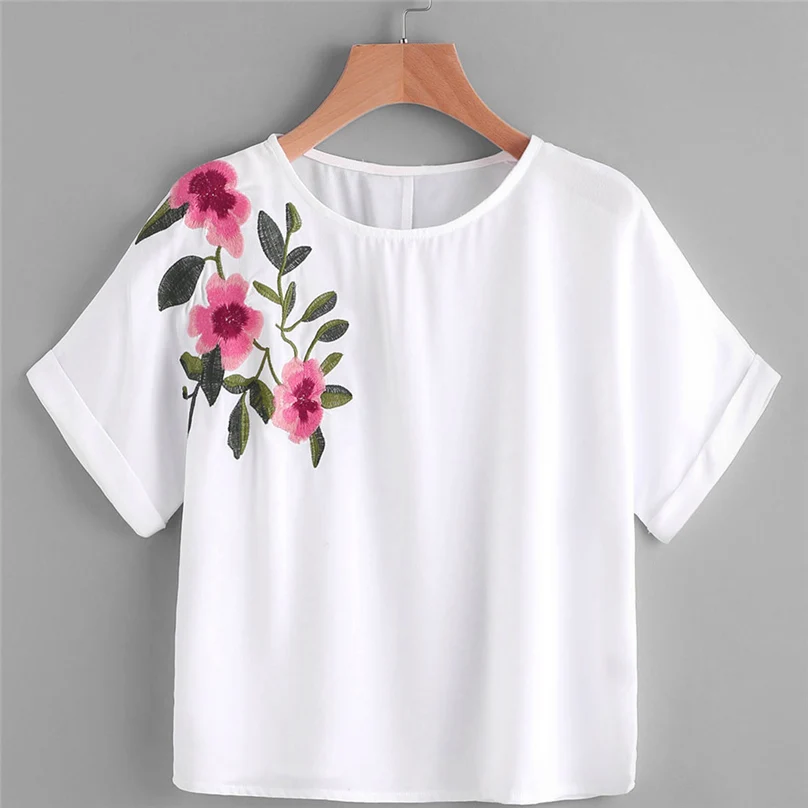 High Quality T Shirt O Neck Flower Embroidery T shirt Women Plain ...