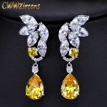 CWWZircons Wunderschöne Zirkonia Steinen Big Lange Gelb Baumelnde Ohrringe für Frauen Weiß Gold Farbe Ohr Schmuck CZ389