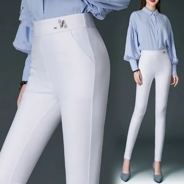 

Office Ladies Black White Navy Blue Work Wear High Waist Pants Plus Size Womens Formal Slim Trouser Elastic Waist Pantalon Femme