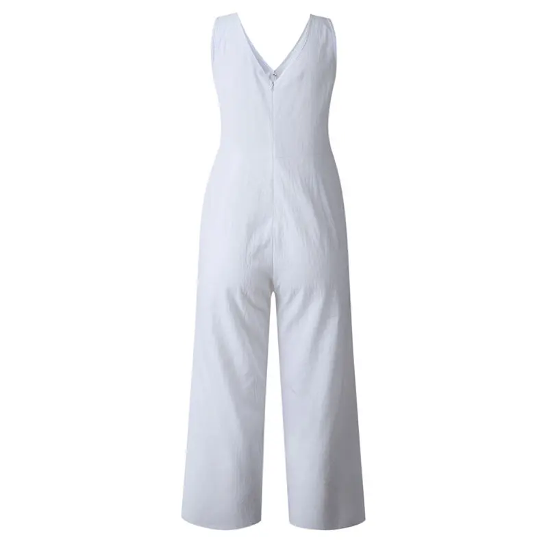 Summer Loose Cotton Button Pocket Deep V neck Wide Leg Jumpsuits For Women 2019 Rompers Womens Jumpsuit Summer Loose Cotton Button Pocket Deep V neck Wide Leg Jumpsuits For Women 2019 Rompers Womens Jumpsuit