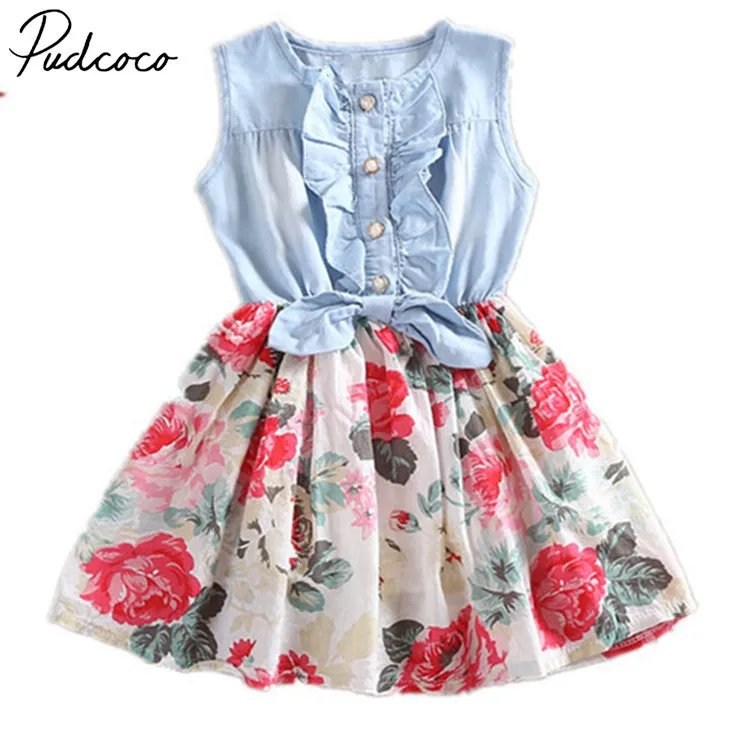 

Helen115 Lovely Baby Kid Girls Summer Sleeveless Flower Printed Denim Vest Dresses 0-8Years