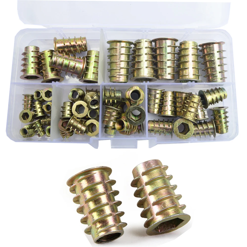 

50pcs Hex Drive Head Flang Furniture Nuts For Wood Thread Insert Hexagon Nutsert Zinc Plated Set Assortment Kit M4 M5 M6 M8 M10