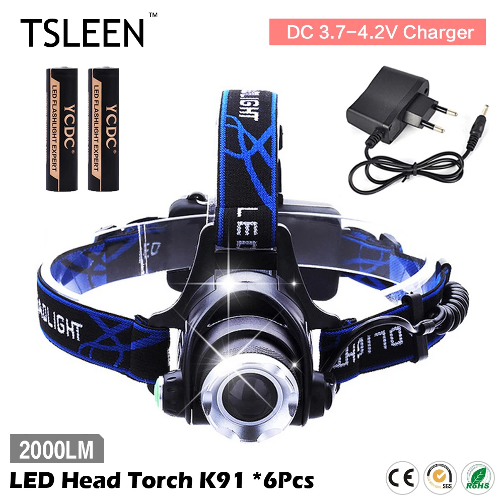 

TSLEEN 6Pcs/Lot XM-L T6 LED Headlamp 2000LM Rechargeable Cycling Front Light Hunting Camp US/EU Plug