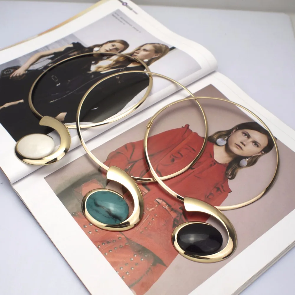 MANILAI Big Oval Resin Set Jewelry Metal Torques Cuff Bracelet Bangles Necklace Women Alloy Statement Necklaces Party Sets