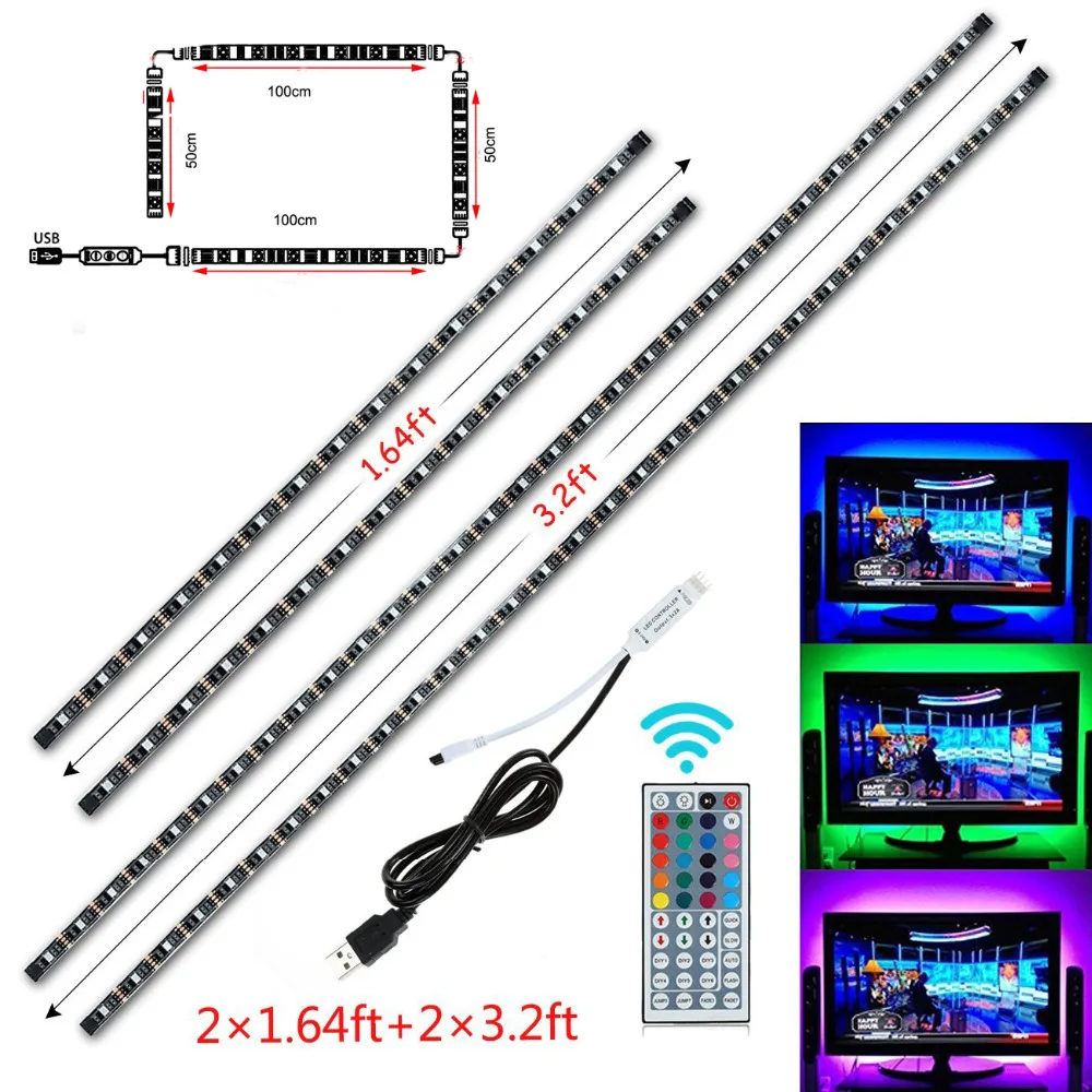 

USB LED Light Strip Kits TV Screen PC Monitor Back DC 5V 2x50cm 2x100cm LED String+ USB Cable+44 key Remote Controller Lamp Tape