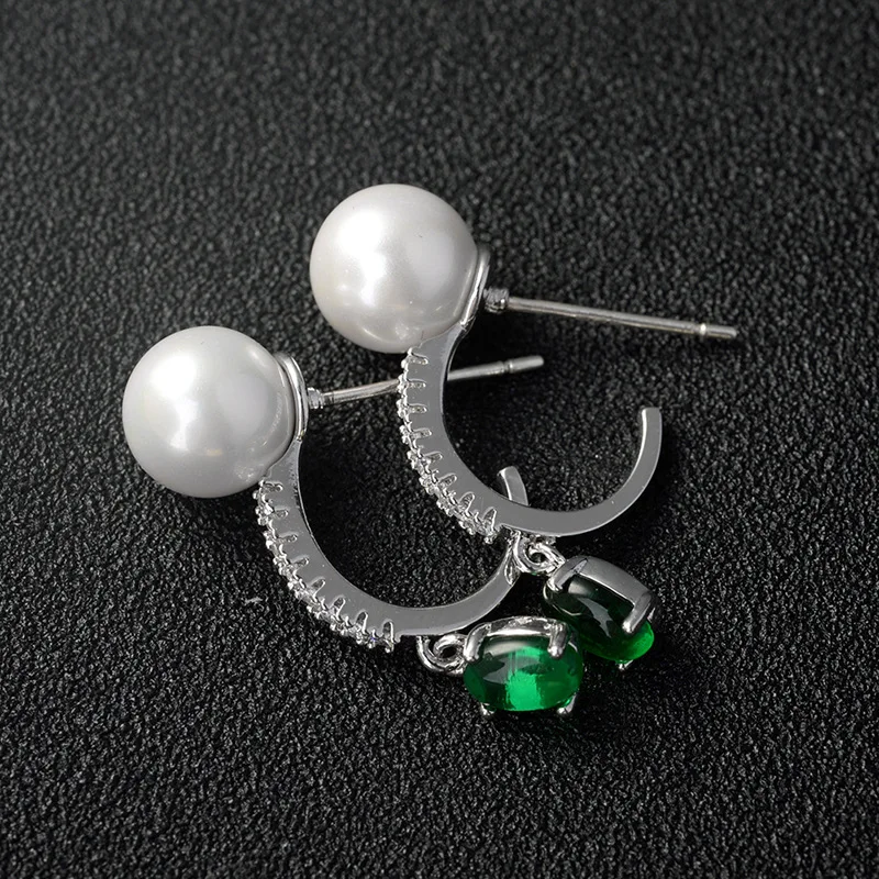 Green cubic zirconia earrings with pearl Micropave with zirconia stones