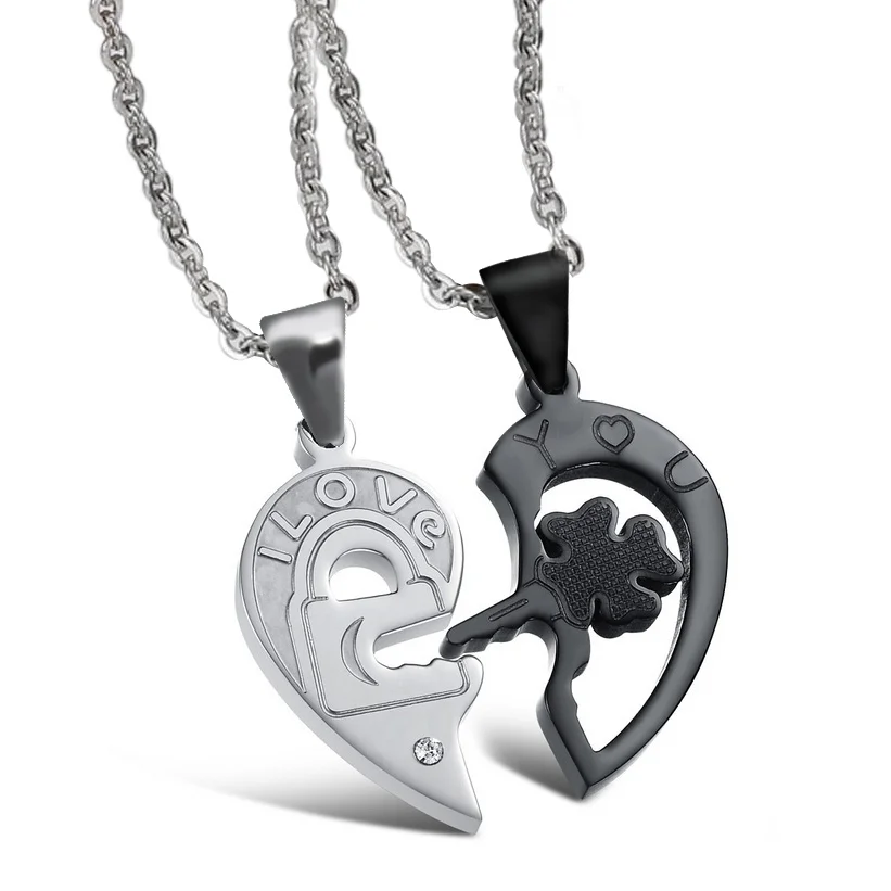 

New Personality Heart and Key Puzzle Couple Necklace Stainless Steel Cool Black Style 1 pair price