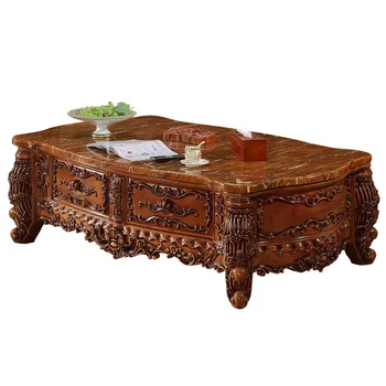 

European Style Coffee Table Villa, Custom Made Hand-made Wood Carving Marble Tempered Glass Tea Table