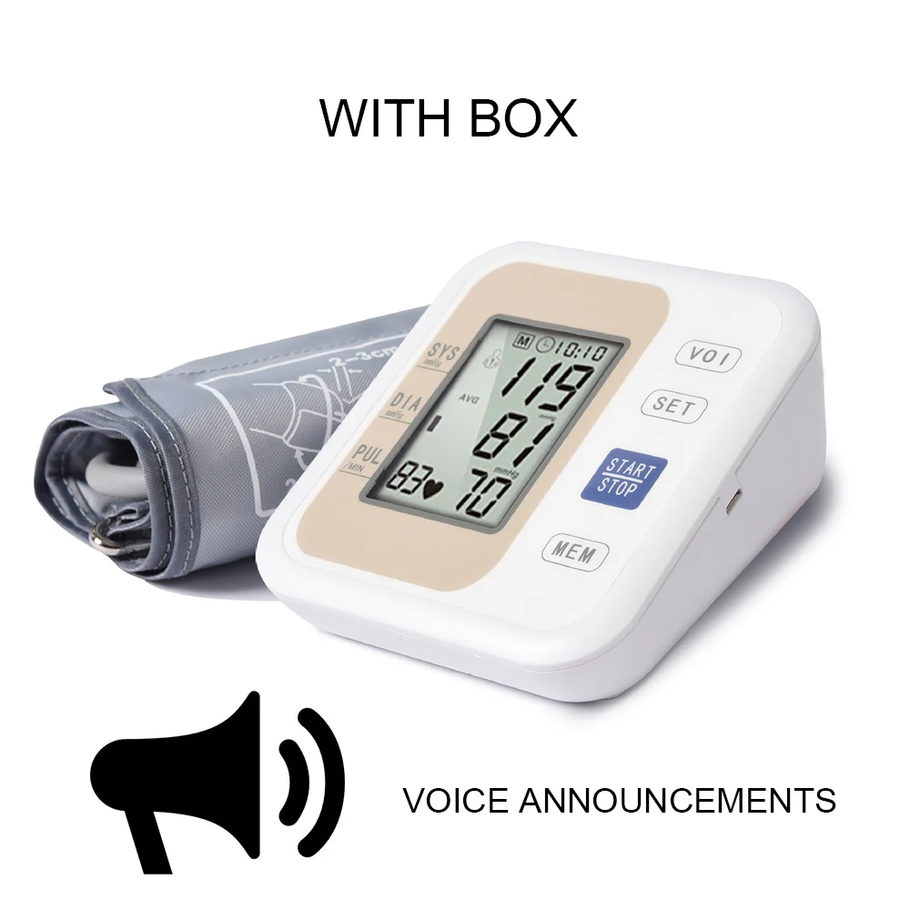 WITH VOICE WITH BOX Цифровое тонометр для измерения давления медицинское оборудование тонометр автоматический манометр верхний рычаг монитор кровяного давления домашний прибор для измерения артериального апарат для давления - Цвет: WITH VOICE WITH BOX