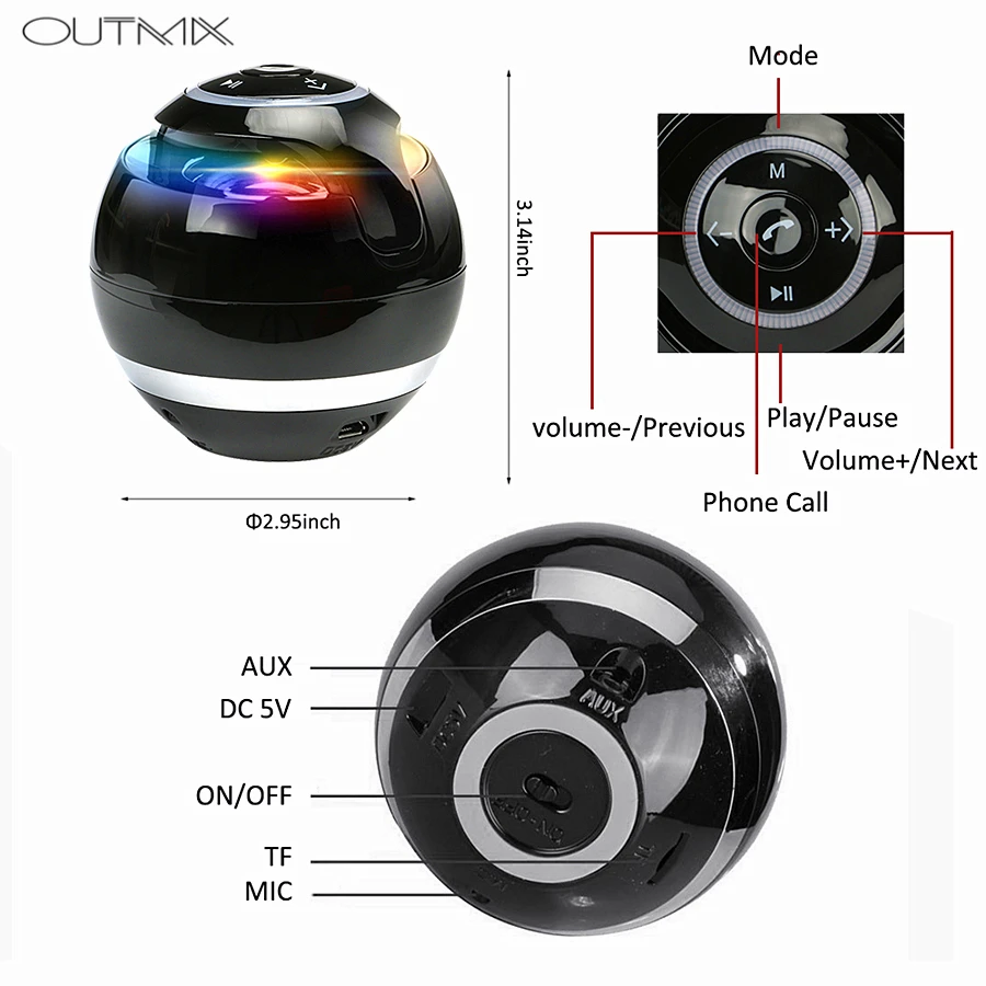 OUTMIX Bluetooth Динамик мини Портативный Беспроводной Динамик Саундбар бас Бумбокс Sound box с микрофоном TF карта fm-радио светодиодный