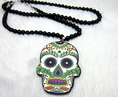Панк Calavera расширяемый сахарно-сладкий причудливый череп ожерелье Черная бусина мексиканский День мертвых Хэллоуин сахар, Череп, ожерелье