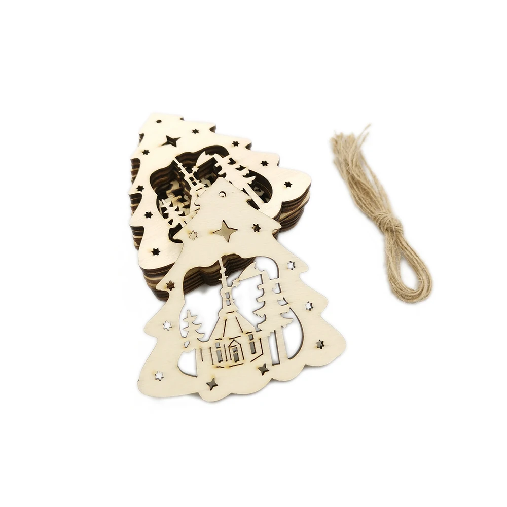 10pcs Natural Bell Wooden Pendant& Drop Ornaments Christmas Tree Wood Crafts Xmas Tree Decorations for Home