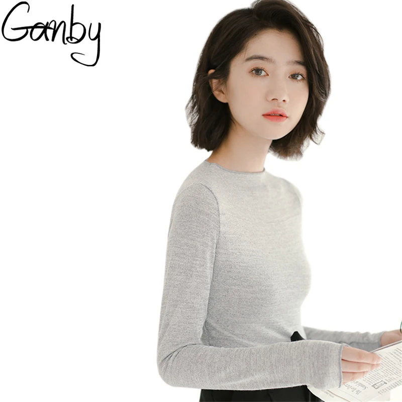 2017 Korea Harajuku BF Women T-Shirts Full Sleeve Autumn Pullover Tees Preppy Chic Winter Slim Casual Solid Color Basic |