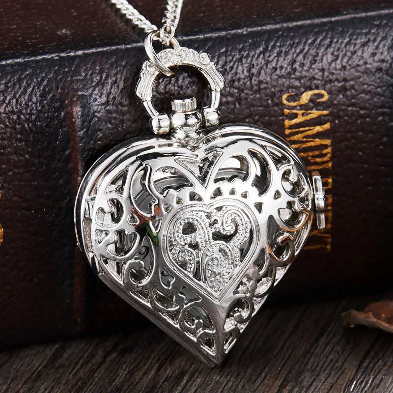 Серебряное пустое сердце в форме кварца карманные часы ожерелье подвеска цепь Женская медовая девушка подарок любовника Reloj de bolsillo - Цвет: Серебристый