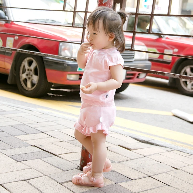 

Exquisite Baby Girls Pink Knitted 2pieces Sets 2017 100% Cotton Summer Clothes Cute Bow Tie on O-neck Sets Toddler Party Outwear