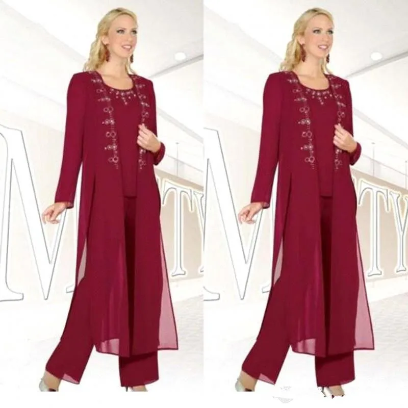 

Mother of the Bride Dress 2019 With Long Chiffon Jacket Pant Suits Three Pieces Mother Formal Dress Wedding Party Guest Dresses