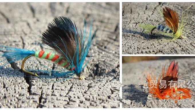 Free Shipping 12pcs Fly Fishing Lure  Insect Artificial Fishing Bait Feather Single Treble Hooks Carp Fish Lure