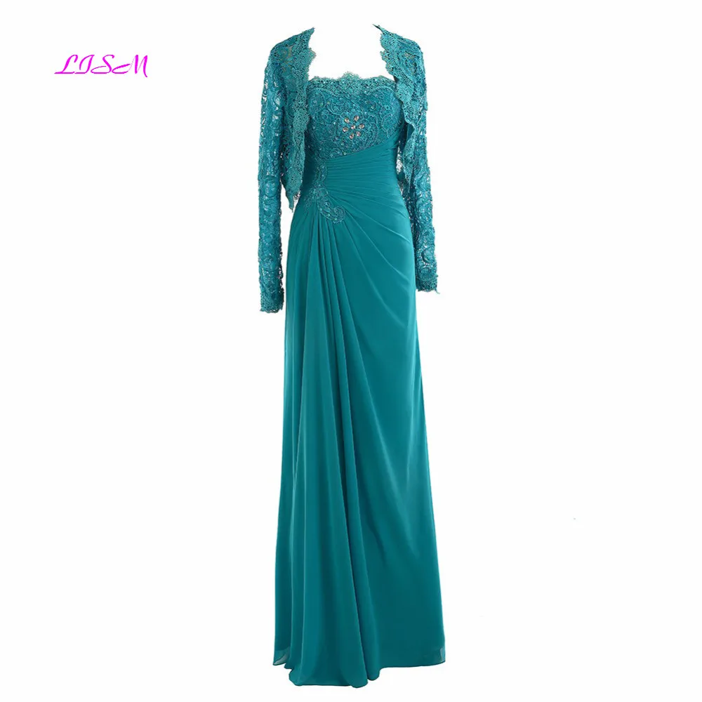 

Chiffon Mother of the Bride Dress With Jacket Strapless Lace Beaded Long Sleeves Evening Formal Dresses vestido de madrinha