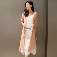 Two Piece set Summer Dress 2016 Pure Color Cotton And Linen Dresses Temperament Suits Luxurious Women Tops Vestidos Plus Szie