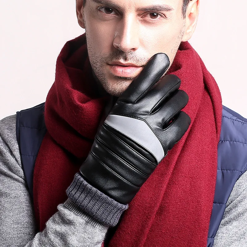 High Quality Winter Men Gloves Synthetic Leather Coral Velvet Warm