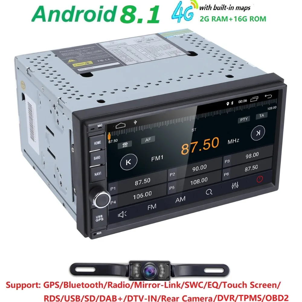 

Quad Core Android 9.0 2G RAM 16G ROM Support 4G WIFI Network Car GPS 2 din Universal Car No DVD Radio player 1080P DVR DAB+ TPMS