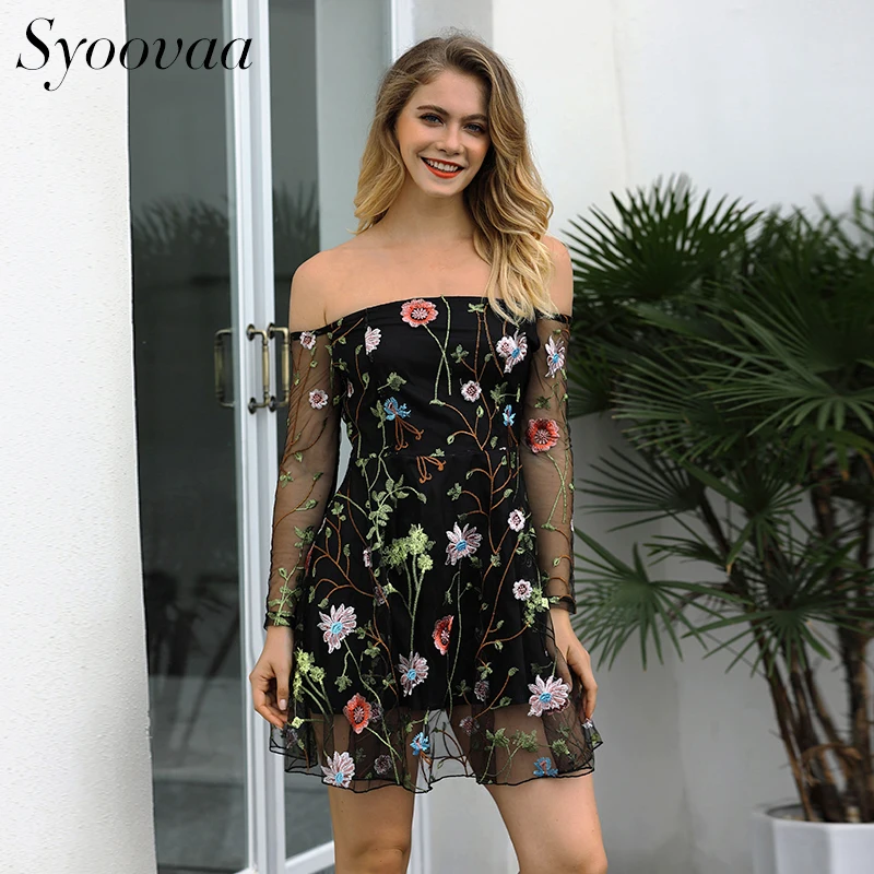 Syoovaa embroidery mesh lace dress female sexy women summer see through ...