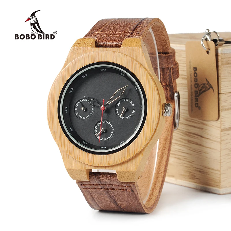 BOBO BIRD Brand Designer Bamboo Wood Watch Men Soft Cork Leather Band Watches Wristwatch Auto Date Calendar Accept Logo