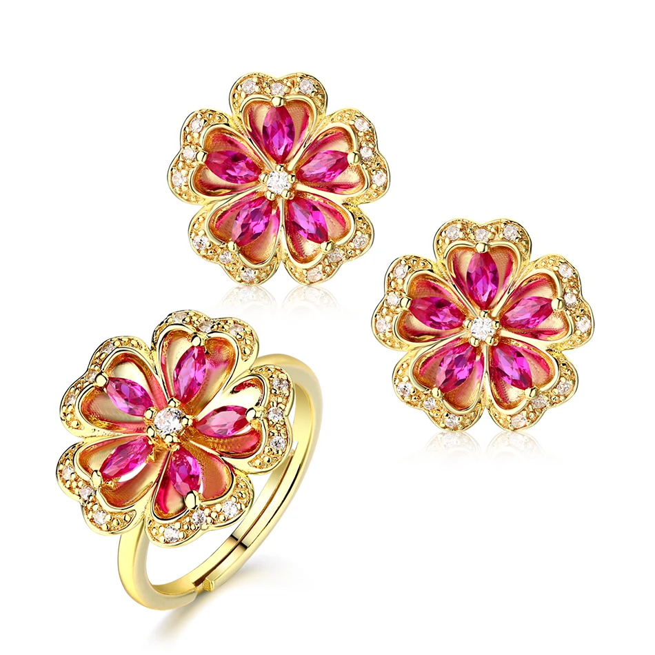 ALLNOEL Gemstone Ruby Flower Jewelry Set Real 925 Sterling Silver Red Corundum Ring Stud Earrings For Girl Women's Jewellry Gift (6)