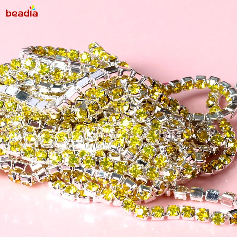 

High Density Hot Sale 2/2.5/2.8/3mm Flatback Yellow Rhinestone Chain For Decor Craft Sewing Clothes Accessories