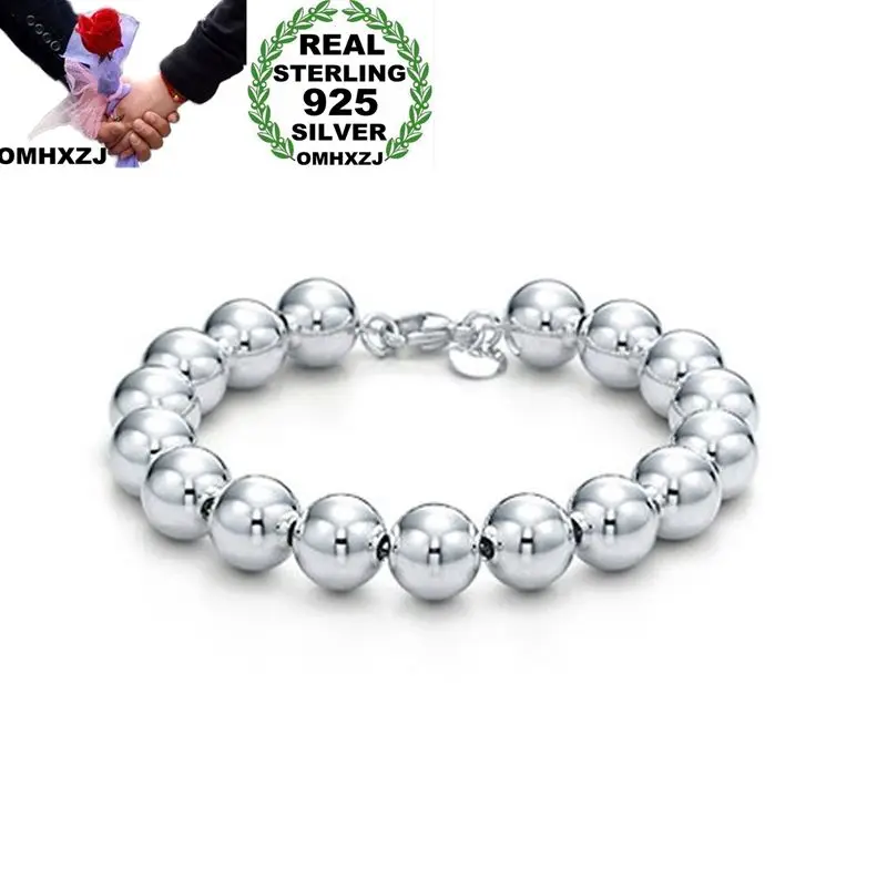 

OMHXZJ Wholesale Personality Fashion OL Woman Girl Party Gift Silver 10mm Hollow Beads Chain 925 Sterling Silver Bracelet BR07