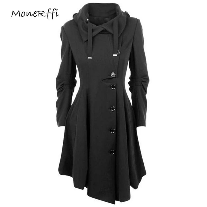 

MoneRffi Women Long Trench Coat Autumn Winter Full Sleeve Turn-Down Collar Irregular Hem Slim Button Solid Gothic Outerwear