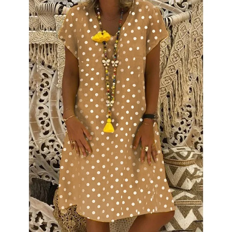 الصيف الشيفون الكتان مثير V عنق المرأة بلوزة عارضة البولكا نقطة طباعة الأصفر قصيرة الأكمام الشاطئ قميص طويل بلايز زائد حجم S-5xl