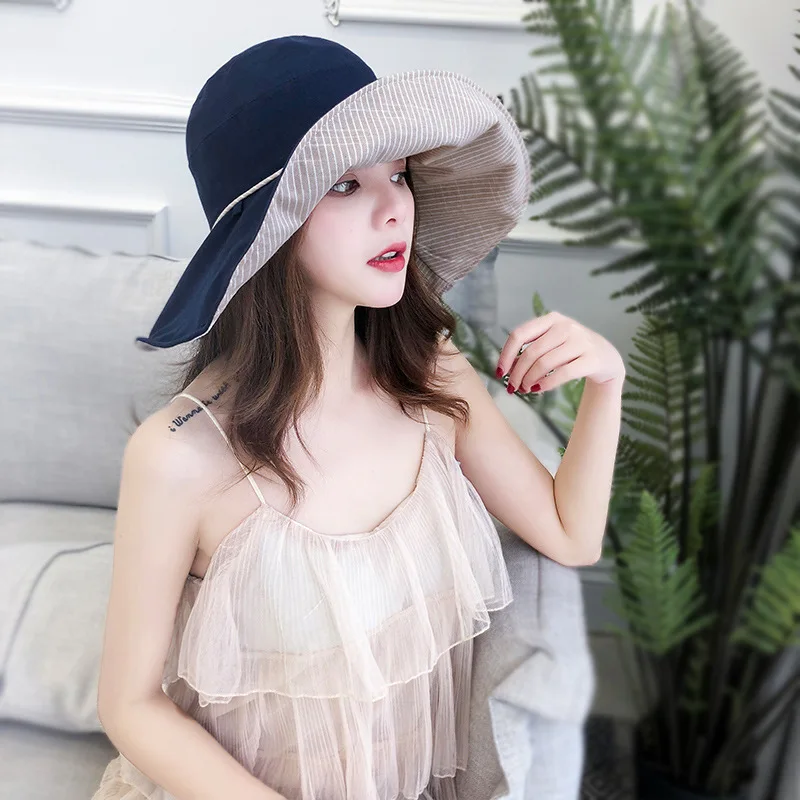 

Summer Wide Eaves Bucket Cap Striped Double-sided Sunscreen Women Fisherman Hat Travel Outdoor Beach Folding Sunshade Hats H6847