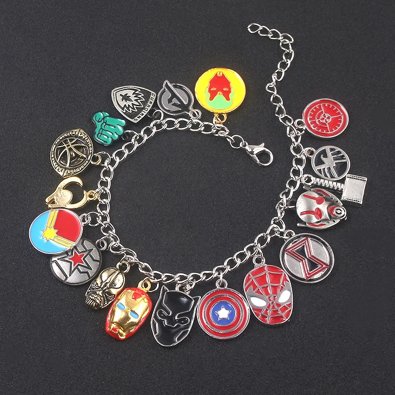 

Marvel Super Hero Character Logo Combination Bracelet Avengers Iron Man Mask Thor Mjolnir Pendant Jewelry For Woman Gift