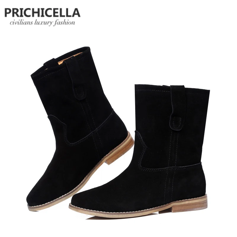 Женские замшевые ботильоны PRICHICELLA черные сапоги до середины икры на плоской