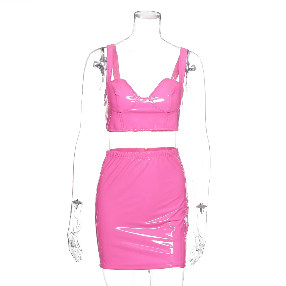 COSYGAL, укороченный топ+ юбка, комплект из двух предметов, розовый, из искусственной кожи, сексуальный, Женский комплект 2 шт., праздничная одежда, обтягивающие, модные, женские, Клубные наряды