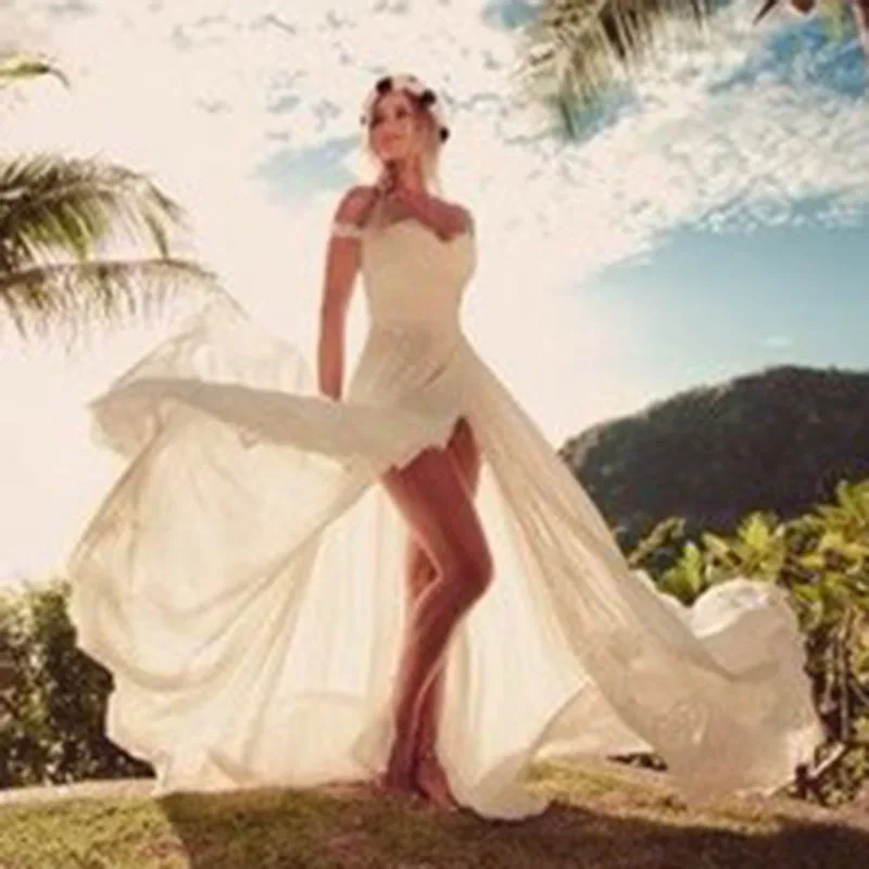 

LORIE Beach Wedding Dress Off the Shoulder High Side Split Sweetheart Appliques A-Line Simple Boho Bride Dress Wedding Gown 2019