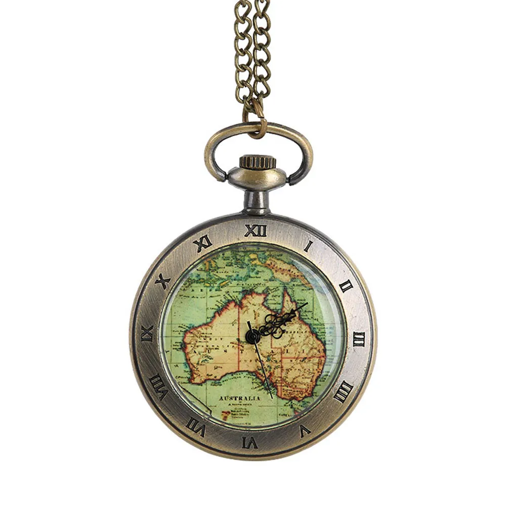 

Vintage Chain Pocket Watch Oceania Map CHIC Roman Numeral Dial Necklace For Grandpa Dad Gifts Reloj de bolsillo Cep saati saat