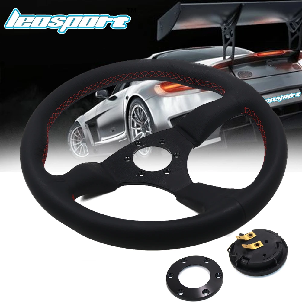 Leosport 14 350mm For Racing Steering Wheel really Leather red line Steering Wheel Game Racing Steering
