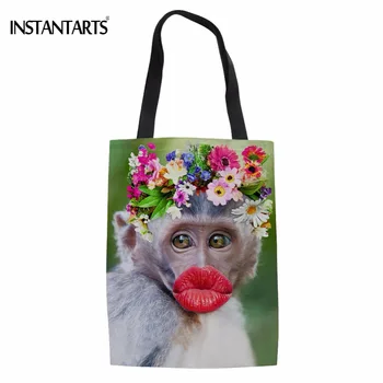 

INSTANTARTS Cute Orangutan/Monkey Print Ladies Handbag of Flower Fashion Large Cloth Tote Bags Multi-function Linen Shoulder Bag