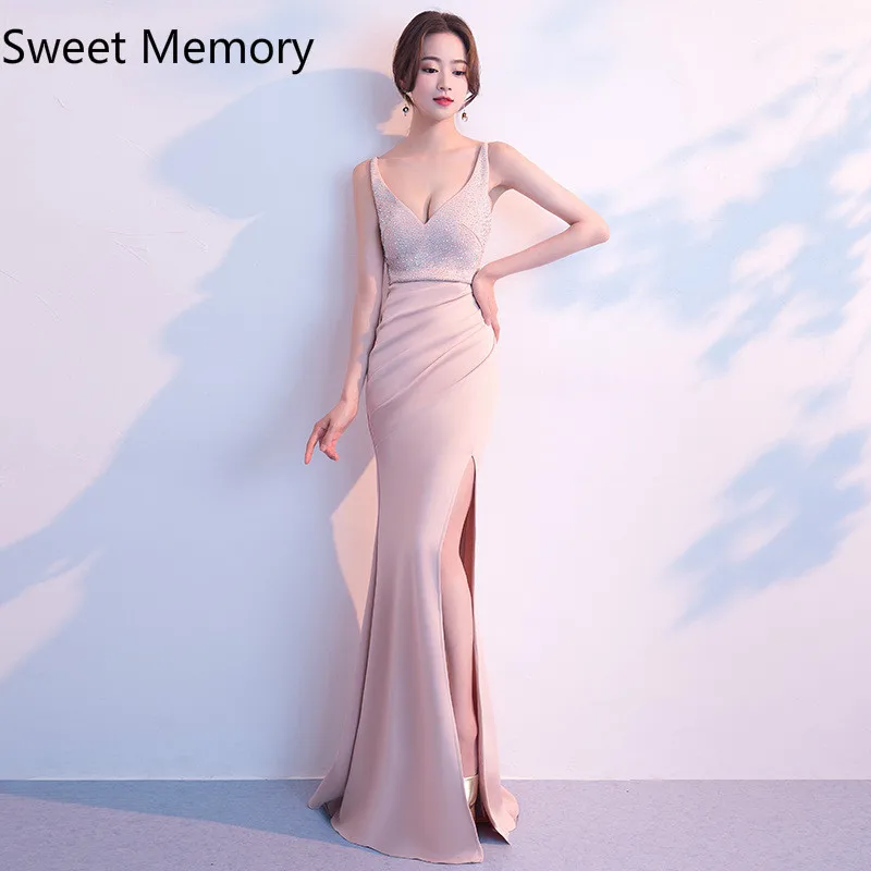 

Sexy V Neck Long Split Wedding Party Dress Bride Bridesmaid Dresses Black Pink Prom Dress