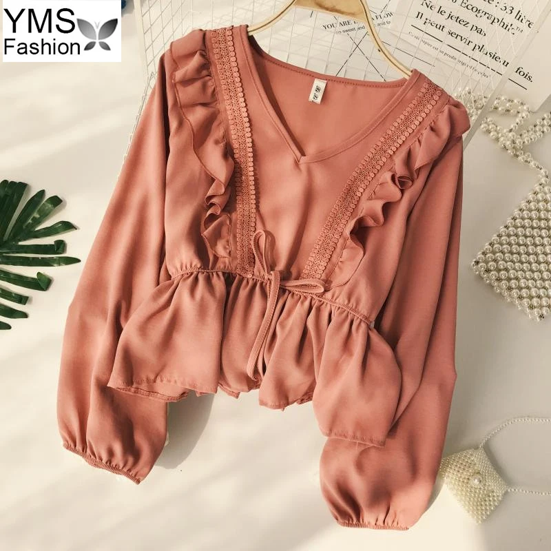 

Summer Women Chiffon Blouse Shirt Casual V-Neck Patchwork Drawstring Sash Ruffles Women Blouse 2019 Solid Slim Vintage Tops